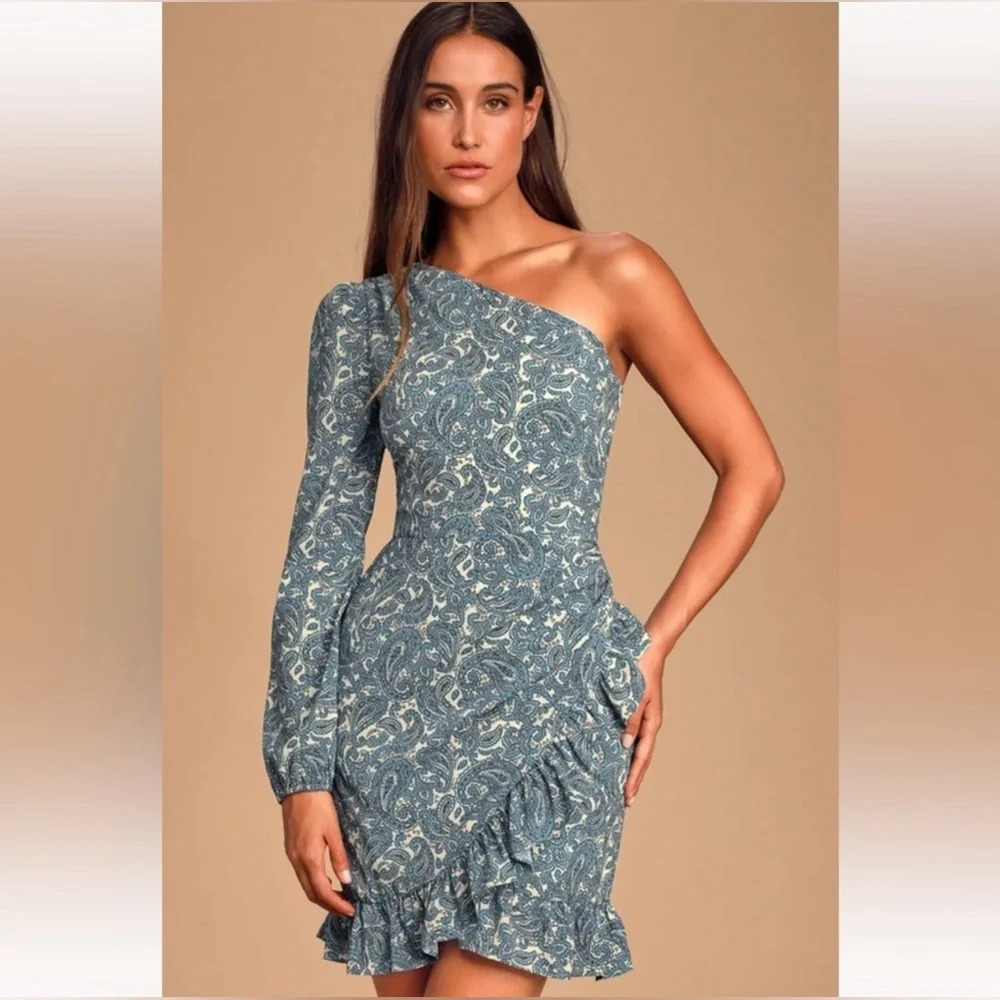 WAYF Michelyne Blue Paisley Mini Dress One Shoulder Ruffled Ruched Formal NWT